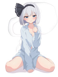1girl absurdres arm_support black_bow black_hairband blue_eyes blush bob_cut bow bow_hairband breasts collarbone collared_shirt commentary_request dress_shirt full_body grey_hair hairband highres konpaku_youmu konpaku_youmu_(ghost) looking_at_viewer medium_hair open_clothes open_shirt oversized_clothes oversized_shirt ryu160303 shadow shirt simple_background sitting sleeves_past_wrists small_breasts smile solo thighs touhou wariza white_background white_shirt