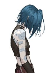 1girl arcane:_league_of_legends arcane_jinx arm_tattoo artelsia bare_shoulders cloud_tattoo cowboy_shot crop_top from_side green_hair highres jinx_(league_of_legends) league_of_legends midriff short_hair simple_background solo tattoo white_background