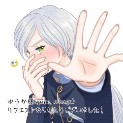 bishoujo_senshi_sailor_moon blue_shirt blush covered_mouth green_eyes hand_on_own_face highres kuroasa24 long_hair ponytail shirt solo white_hair yaten_kou
