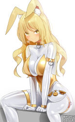 Rule 34 | + +, 1girl, absurdres, animal ear fluff, animal ears, armlet, blonde hair, bodysuit, bracelet, breasts, collar, commission, gas mask, highres, impossible bodysuit, impossible clothes, jewelry, large breasts, latex, latex bodysuit, leotard, long hair, looking at viewer, maguro27, mask, original, rabbit ears, rabbit girl, shiny clothes, sitting, skin tight, smile, solo, strapless, strapless leotard, thighlet, unworn mask, white bodysuit, yellow eyes, yellow leotard