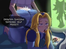 1boy 1girl ahegao all_fours ass ass_ripple blonde_hair blue_dress blue_eyes clothed_sex cum cum_on_ass cum_on_body curvy doggystyle dress english_text highres huge_ass kyojiri_loli loli long_hair maria_robotnik on_floor penetration_through_clothes rape rolling_eyes saliva sega sex sex_from_behind shadow_the_hedgehog shota sonic_(series) speech_bubble tablet_pc tearing_up toko_drawings tongue tongue_out twitching