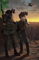 Rule 34 | 2girls, absurdres, aircraft, black hair, black pants, blue eyes, brown eyes, brown gloves, brown helmet, brown pantyhose, brown shirt, brown shoes, cloud, cloudy sky, collared shirt, colored smoke, commission, gloves, grey hair, grey shorts, gun, helicopter, helmet, heterochromia, highres, holding, holding gun, holding weapon, long sleeves, mask, mouth mask, multicolored hair, multiple girls, ndtwofives, original, outdoors, pants, pantyhose, pantyhose under shorts, plaid clothes, plaid shirt, rifle, shirt, shoes, short shorts, shorts, sig mcx, sky, smoke, standing, streaked hair, sunset, thighband pantyhose, twitter username, weapon, white hair