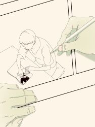 Rule 34 | 1boy, black outline, dragon ball, drawing (action), greyscale, highres, holding, holding pen, monochrome, original, outline, pen, pov, pov hands, recursion, sitting, solo, son goku, table, tp p pt