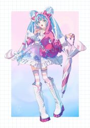 1girl :o alternate_costume bead_bracelet bead_choker bead_necklace beads blue_background blue_eyes blue_hair boots border bow bracelet candy candy_hair_ornament commentary dot_nose double_bun eating food food-themed_hair_ornament frilled_skirt frills full_body gradient_background grid_border hair_bow hair_bun hair_ornament hands_up hatsune_miku high_heel_boots high_heels highres holding holding_candy holding_food holding_lollipop holding_umbrella jacket jewelry knee_boots lollipop long_hair long_sleeves looking_at_viewer midriff miniskirt necklace open_clothes open_jacket open_mouth pink_background pink_bag pink_bow pink_jacket pink_thighhighs pink_umbrella platform_boots purple_skirt shirt shoulder_strap skirt solo striped_bow striped_clothes striped_thighhighs striped_umbrella swirl_lollipop symbol-only_commentary teeth thighhighs two-tone_background umbrella upper_teeth_only vocaloid wedge_heels white_border white_shirt yuzuha_wasa zettai_ryouiki