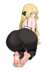 Rule 34 | 1girl, all fours, armpit crease, ass, ass focus, barefoot, black bra, black nails, black pants, blonde hair, blush, bra, breasts, closed mouth, commentary, cynthia (pokemon), feet, foot focus, from behind, full body, grey eyes, hair ornament, hair over one eye, highres, large breasts, long hair, looking at viewer, looking back, nail polish, nihu, nintendo, no shirt, one eye covered, pants, pokemon, pokemon dppt, simple background, soles, solo, toenail polish, toenails, toes, underwear, very long hair, white background