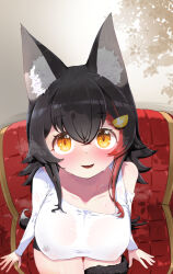 1girl animal_ear_fluff animal_ears black_hair blush breasts cleavage hair_ornament hairpin highres hololive kani_bonara large_breasts long_hair looking_at_viewer multicolored_hair ookami_mio ookami_mio_(casual) open_mouth red_hair shirt streaked_hair tail tail_wrap virtual_youtuber white_shirt wolf_ears wolf_girl wolf_tail yellow_eyes
