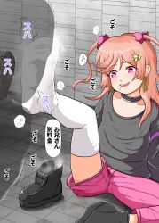 1girl boots candy feet food highres light_blush lollipop long_hair noka2nji open_mouth orange_hair pink_eyes shoes smelling soles steam thighhighs translated twintails unworn_shoes white_thighhighs