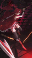 1girl absurdres black_hair boots bow detached_sleeves highres holding holding_polearm holding_weapon jianjia long_hair magical_girl mahou_shoujo_madoka_magica mouth_hold pink_skirt polearm ponytail red_eyes red_hair red_shirt sakura_kyoko shirt skirt sleeveless sleeveless_shirt solo thighhighs weapon