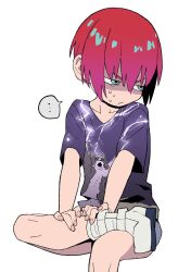 ... 1girl amate_yuzuriha animal_print aqua_eyes casual cat commentary gundam gundam_gquuuuuux hair_between_eyes highres ouma_bunshichirou red_hair shaded_face shirt short_hair simple_background sitting solo spoken_ellipsis sweatdrop t-shirt white_background