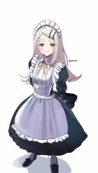1girl absurdres aiturmeric apron arms_behind_back back_bow black_bow black_dress blonde_hair blush bow breasts closed_mouth colored_eyelashes dress flipped_hair frilled_apron frills full_body gakuen_idolmaster hair_ornament hairclip highres holding_own_arm idolmaster juliet_sleeves long_hair long_sleeves looking_at_viewer maid mary_janes neck_ribbon orange_eyes orange_ribbon puffy_sleeves ribbon shadow shinosawa_hiro shoes simple_background small_breasts smile socks solo standing tongue tongue_out twitter_username white_apron white_background white_headdress white_socks