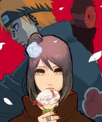 Rule 34 | 1girl, 2boys, akatsuki (naruto), akatsuki uniform, black coat, black gloves, black hair, blood, closed mouth, coat, eyeshadow, flower, forehead protector, gloves, hair bun, hair flower, hair ornament, high collar, holding, holding flower, jewelry, konan (naruto), looking at viewer, makeup, mask, meitarou, multiple boys, nail polish, naruto (series), naruto shippuuden, orange eyes, orange hair, pain (naruto), petals, piercing, purple hair, ring, rinnegan, short hair, single hair bun, tobi (naruto), uchiha obito