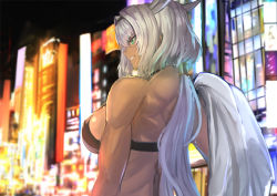 1girl animal_ears aqua_eyes bare_arms bare_shoulders biceps bikini bikini_top_only black_sky breasts caenis_(fate) city city_lights commentary_request dark-skinned_female dark_skin fate/grand_order fate_(series) female_focus from_behind grin hair_intakes jacket jacket_over_shoulder jikihatiman large_breasts long_hair muscular muscular_female night outdoors ponytail sky smile solo standing swimsuit unworn_jacket upper_body urban white_hair
