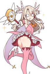 1girl absurdres ass blush breasts ebora fate/kaleid_liner_prisma_illya fate_(series) feather_hair_ornament feathers hair_ornament highres illyasviel_von_einzbern kaleidostick loli long_hair looking_at_viewer magical_girl magical_ruby no_panties open_mouth pink_thighhighs prisma_illya thighhighs white_hair