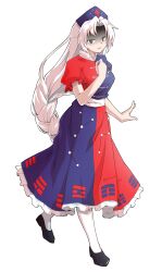 1girl arm_at_side black_shoes blue_dress blue_hat braid breasts collared_dress commentary_request constellation_print cross cross_print curtained_hair dairi dress flats frilled_sleeves frills full_body grey_eyes half-closed_eyes hand_up hat highres large_breasts large_variant_set long_hair looking_at_viewer multicolored_dress nurse_cap pantyhose parted_lips print_dress puffy_short_sleeves puffy_sleeves red_cross red_dress scratches shaded_face shoes short_sleeves sidelocks simple_background single_braid solo tachi-e touhou transparent_background variant_set very_long_hair walking white_hair white_pantyhose white_petticoat yagokoro_eirin