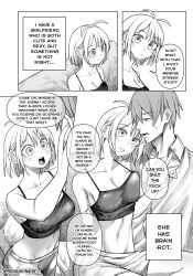 Rule 34 | 1boy, 1girl, absurdres, annoyed, antenna hair, brainrot girlfriend, luvvy gronk, breasts, camisole, cleavage, collarbone, collared shirt, comic, commentary, couple, crop top, english commentary, english text, greyscale, groin, hair behind ear, head tilt, hetero, highres, large breasts, left-to-right manga, meme, midriff, monochrome, navel, parted lips, senukin, shirt, short hair, shorts, sitting, smile, speech bubble, talking, translation request, zoomer slang