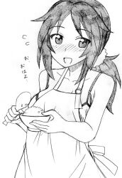alternate_hairstyle apron bowl bra breasts collarbone girls_und_panzer greyscale holding holding_bowl ichijou_takakiyo large_breasts long_hair monochrome ponytail rice underwear yamagou_ayumi
