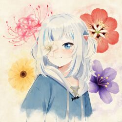 1girl absurdres blue_eyes blue_hair blue_hoodie blush collarbone flower flower_eyepatch gawr_gura gawr_gura_(1st_costume) hair_over_one_eye highres hololive hololive_english hood hoodie medium_hair one_eye_covered purple_flower red_flower smile solo two_side_up upper_body virtual_youtuber white_flower yellow_flower yisusjpl