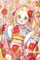 1girl :d blonde_hair blush bow character_request commentary_request cowboy_shot floral_print floral_print_kimono flower green_eyes hair_bow hair_flower hair_ornament hana_uta_memoire hinamatsuri ichinose_kei japanese_clothes kimono long_hair long_sleeves looking_at_viewer obi obijime open_mouth pink_bow pink_kimono ponytail print_kimono red_flower sash scarf sleeves_past_wrists smile solo white_scarf wide_sleeves yellow_sash