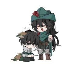 2boys animal_ears bags_under_eyes belt black_hair boots bound brown_boots chibi chibi_only closed_eyes double-parted_bangs e.g.o_(project_moon) flower fox_ears fox_tail full_body green_hat green_scarf grin hair_between_eyes hat headpat highres holding_lasso hong_lu_(project_moon) hood hood_down hoodie lasso lasso_(e.g.o) limbus_company long_hair multiple_boys open_mouth project_moon red_flower red_rose rose scarf seiza sitting smile standing sunshower_(e.g.o) tail tied_up_(nonsexual) very_long_hair white_background white_hoodie wuzinan19 yi_sang_(project_moon)
