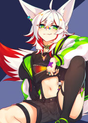 1girl ahoge animal_ear_fluff animal_ear_piercing animal_ears bandaid bandaid_on_face bandaid_on_hand bandaid_on_nose black_shorts black_thighhighs choker commentary crop_top english_commentary eyes_visible_through_hair fang fang_out fox_ears fox_girl fox_tail green_eyes hair_between_eyes hibana_tsumie highres indie_virtual_youtuber jacket jewelry knee_up long_sleeves looking_at_viewer medium_hair midriff multicolored_hair navel off_shoulder open_clothes open_jacket puffy_long_sleeves puffy_sleeves red_hair ricegnat ring short_shorts shorts single_thighhigh sitting skin_fang smile solo tail thigh_strap thighhighs two-tone_hair virtual_youtuber white_hair