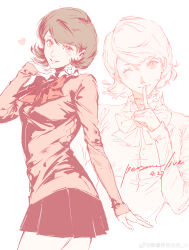 1girl absurdres blush bow bowtie cardigan chinese_commentary choker commentary_request earrings finger_to_mouth gekkoukan_high_school_uniform hand_in_own_hair heart heart_choker highres jewelry jing_zhi_kaoxiang_yu_re_zhong long_sleeves looking_at_viewer miniskirt one_eye_closed persona persona_3 red_bow red_bowtie school_uniform short_hair skirt smile stud_earrings swept_bangs takeba_yukari watermark weibo_watermark white_background