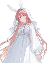 1girl animal_ears breasts bright_pupils brown_eyes closed_mouth commentary commission cowboy_shot dress fake_animal_ears frown highres karyln light_blush long_hair long_sleeves looking_at_viewer medium_breasts original pink_hair puffy_long_sleeves puffy_sleeves rabbit_ears simple_background white_background white_dress white_headdress white_pupils