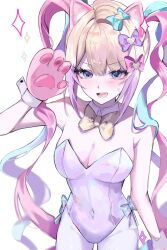 1girl animal_ears animal_hands bare_shoulders bow bowtie breasts chouzetsusaikawa_tenshi-chan cleavage highres large_breasts leotard needy_girl_overdose playboy_bunny s_im7u simple_background tagme white_background