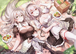 2girls :o apron azur_lane basket black_dress black_skirt blush bracelet braid breasts brown_eyes cake cake_slice cleavage cleavage_cutout closed_mouth clothing_cutout dress feet_out_of_frame fishnet_legwear fishnets food fork frilled_apron frilled_skirt frilled_sleeves frills fruit grapes grass hair_spread_out hairband hand_on_own_stomach hermione_(azur_lane) highres jewelry knife large_breasts lemon lemon_slice long_hair looking_at_viewer lying maid maid_headdress multiple_girls official_art on_back open_mouth pantyhose picnic picnic_basket plate puffy_short_sleeves puffy_sleeves rangu red_eyes red_ribbon ribbon salad sandwich short_hair short_sleeves silver_hair sirius_(azur_lane) skirt smile thighhighs twin_braids underbust very_long_hair waist_apron white_apron white_hairband white_legwear zettai_ryouiki