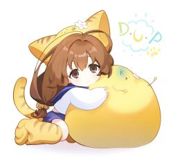 1girl ahoge animal_hat bell blue_sailor_collar blue_shorts brown_eyes brown_hair cat_girl cat_hat cat_tail closed_mouth commentary creature di_gi_charat flower full_body gema hair_bell hair_ornament hat hat_flower highres holding holding_creature jingle_bell long_hair long_sleeves looking_at_viewer paw_shoes puchiko sailor_collar sailor_shirt shirt shoes shorts tail tg_(tg_c_apple) white_background white_flower white_shirt yellow_hat yellow_shoes