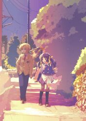 Rule 34 | 1boy, 1girl, :d, absurdres, akayama yukihe, arm at side, black socks, blonde hair, blue eyes, blue hair, blue jacket, brother and sister, brown eyes, brown footwear, clannad, commentary request, dusk, food, hair ribbon, hand in pocket, hand up, highres, hikarizaka private high school uniform, holding, holding food, jacket, kneehighs, light blush, loafers, long hair, long ribbon, long sleeves, looking to the side, miniskirt, necktie, open mouth, outdoors, parted bangs, red necktie, ribbon, road, school uniform, shoes, short hair, siblings, sidelighting, skirt, smile, socks, standing, sunohara mei, sunohara youhei, twintails, v-shaped eyebrows, white skirt, wide shot, yellow jacket, yellow ribbon