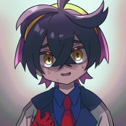 Rule 34 | 1boy, black hair, blue shirt, brown eyes, collared shirt, gloves, hair between eyes, highres, kieran (pokemon), kiimorisame, looking at viewer, male focus, mole, mole on neck, multicolored hair, necktie, nervous smile, nervous sweating, nintendo, open mouth, partially fingerless gloves, pokemon, pokemon sv, purple hair, red gloves, red necktie, shirt, short hair, smile, solo, sweat, upper body