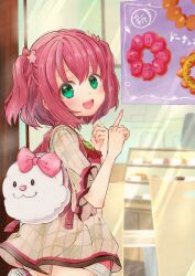 1girl :d absurdres backpack bag blush bow brown_dress commentary_request cowboy_shot dress from_side green_eyes hacosumi hair_bow hair_ornament highres kurosawa_ruby looking_at_viewer looking_to_the_side love_live! love_live!_sunshine!! open_mouth outdoors plaid_clothes plaid_dress pointing red_bow red_hair shop short_hair short_sleeves shorts_under_dress smile solo standing star_(symbol) star_hair_ornament two_side_up window window_shopping