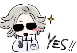 1boy aotsuki_eito chibi english_text glasses looking_at_viewer open_mouth simple_background sketch star_(symbol) sunglasses the_hundred_line_-last_defense_academy- thumbs_up white_background white_hair