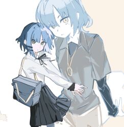 1girl black_ribbon black_skirt blue_hair bocchi_the_rock! breasts brown_eyes commentary duplicate grey_shirt hair_ornament hairclip highres jewelry long_sleeves looking_at_viewer mole mole_under_eye multiple_views neck_ribbon pendant ribbon sfrabbit shirt short_hair simple_background skirt small_breasts symbol-only_commentary two-tone_background upper_body white_background white_shirt yamada_ryo