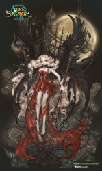 1girl bad_feet barefoot black_wings breasts copyright_name female_focus full_body full_moon giltine highres holding holding_weapon large_breasts long_hair looking_at_viewer maggi moon official_art polearm scythe solo toes tree_of_savior very_long_hair wavy_mouth weapon white_hair wings yellow_eyes