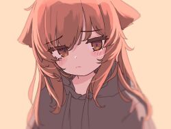 1girl aoi_tori blush brown_eyes brown_hair closed_mouth grey_hoodie highres hood hood_down hoodie long_hair looking_at_viewer original raika-chan_(aoi_tori) solo