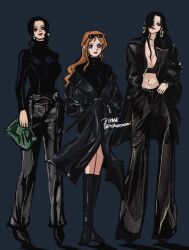3girls black_background black_boots black_coat black_pants boa_hancock boots coat commentary earrings eyewear_on_head full_body hair_over_one_eye hands_in_pockets highres holding itstheenami jewelry multiple_girls nami_(one_piece) nico_robin one_piece pants sidelocks simple_background symbol-only_commentary turtleneck twitter_username