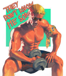 1boy abs animal_print arm_strap backlighting bara biceps black_shorts blonde_hair clenched_teeth deltoids dumbbell elbow_on_thigh english_text exercising feet_out_of_frame fingernails forehead goggles hand_on_own_thigh hieumay highres holding holding_dumbbell jujutsu_kaisen knees leopard_print male_focus muscular muscular_male nanami_kento nose parted_hair pectorals round_eyewear short_hair short_shorts shorts sitting solo spread_legs square teeth topless_male two-tone_background veiny_face weightlifting white_background