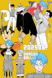 Rule 34 | 1girl, baby, baggy pants, bandaged head, bandages, black hair, black necktie, black pants, black sleeves, blue hair, boots, brown boots, brown hoodie, cardigan, clenched hand, cloak, closed eyes, dragon ball, glasses, green hair, grey cardigan, grey pants, hair bobbles, hair ornament, hands on own hips, hood, hood down, hoodie, long sleeves, multiple views, necktie, open mouth, pan (dragon ball), panties, pants, piccolo, poi, ponytail, raised fist, red scarf, sasaki tomomi, scar, scar across eye, scar on face, scarf, shirt, smile, son gohan, trunks (dragon ball), twitter username, two-tone shirt, underwear, vest, waistcoat, white panties, white shirt, yellow background