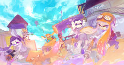 3boys 3girls bad_id bad_pixiv_id bike_shorts bridge e-liter_3k_(splatoon) fangs gas_mask goggles highres inkling inkling_boy inkling_girl inkling_player_character long_hair mask mizu-kun multiple_boys multiple_girls nintendo open_mouth outdoors paint_roller pointy_ears sky smile splat_roller_(splatoon) splatoon_(series) splatoon_1 super_soaker tears tentacle_hair tower