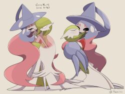 a-nya artist_name black_sclera bob_cut carrying closed_eyes colored_sclera colored_skin dress gardevoir gen_3_pokemon gen_8_pokemon green_hair hat hatterene highres long_hair multicolored_hair multicolored_skin multiple_views nintendo no_feet pokemon pokemon_(creature) prehensile_hair red_eyes simple_background translation_request two-tone_skin very_long_hair white_dress white_skin witch_hat
