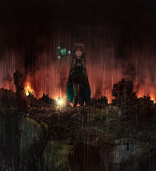 1girl belt boots cloak corset dagger ddolbang feathers fingerless_gloves fire friend_(nanashi_mumei) gloves hair_ornament highres hololive hololive_english knife lantern nanashi_mumei nanashi_mumei_(1st_costume) ponytail pouch rain ribbon ruins runes sad shirt skirt smoke thighhighs virtual_youtuber weapon wet wet_clothes wet_hair wet_shirt
