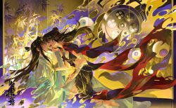 1boy 1girl absurdres alternate_costume arabian_clothes artist_request bamboo bandaged_arm bandages barefoot bell black_dress black_eyes black_hair bracelet breasts burning cape chain chest_sarashi chinese_clothes chinese_commentary chinese_text cleavage coin_(ornament) commission crop_top crying crying_with_eyes_open dancer dao_gui_yi_xian dress earrings eye_contact eyeball face-to-face fire floating_clothes floating_hair from_side full_body genderswap genderswap_(mtf) gold_chain hair_bun hair_ornament hair_ribbon hair_stick hand_on_another&#039;s_chest hand_on_another&#039;s_face hanfu harem_outfit hetero highres imminent_kiss jewelry li_huowang long_hair long_sleeves looking_at_another medium_breasts midriff navel neck_bell necklace open_mouth orb paintbrush_hair_ornament profile red_cape red_eyes ribbon sarashi second-party_source single_hair_bun sitting smile tassel tassel_earrings tears torn_clothes white_hanfu wide_sleeves zhuge_yuan
