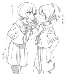 2girls black_rock_shooter blunt_bangs blush commentary_request food_in_mouth greyscale hand_on_another&#039;s_shoulder hime_cut imminent_kiss kuroi_mato lineart monochrome multiple_girls open_mouth school_uniform short_hair sweat takanashi_yomi tatsuki3594 twintails yuri