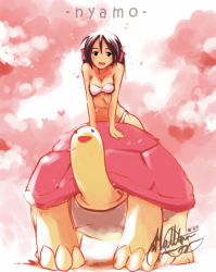 00s 1girl 2007 bad_deviantart_id bad_id bikini blush breasts_squeezed_together breasts cleavage dark-skinned_female dark_skin dated hair_ribbon heart long_hair love_hina matt_cummings medium_breasts nyamo_namo official_style ribbon riding signature smile strapless swimsuit tortoise turtle