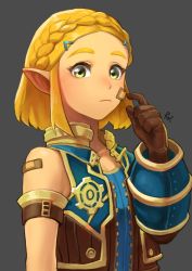 Rule 34 | 1girl, absurdres, alternate costume, armlet, bad id, bad twitter id, bandaid, bandaid on face, bandaid on shoulder, bare shoulders, black background, blonde hair, blue vest, blush, braid, brown gloves, closed mouth, cosplay, crown braid, female focus, forehead, gloves, green eyes, hair ornament, hairclip, highres, jewelry, link (cosplay), looking at viewer, nintendo, open clothes, open vest, pointy ears, princess zelda, rex (xenoblade) (cosplay), rv (gvdn7245), scratching cheek, sidelocks, simple background, solo, the legend of zelda, the legend of zelda: breath of the wild, the legend of zelda: tears of the kingdom, unzipped, upper body, vest, xenoblade chronicles (series), xenoblade chronicles 2