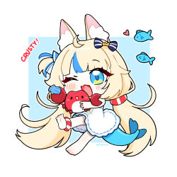 ;3 ;d ahoge animal animal_ear_fluff animal_ears artist_name barefoot blonde_hair blue_background blue_bow blue_eyes blue_hair blunt_bangs bow cat_ears chibi chibi_only crab dress fang fins fish fish_girl fish_tail full_body hair_bow heart highres holding holding_animal indie_virtual_youtuber lifebuoy lifebuoy_anklet lifebuoy_hair_ornament long_hair looking_at_viewer low_twintails multicolored_hair one_eye_closed one_side_up open_mouth sailor_dress sameko_saba seashell shell shibedraws sidelocks sleeveless sleeveless_dress smile streaked_hair swim_ring tail twintails very_long_hair virtual_youtuber white_background white_dress