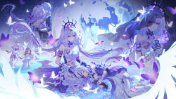 absurdres aqinorz bare_shoulders black_tiara bug butterfly castorice_(honkai:_star_rail) closed_eyes dress elbow_gloves flower gloves hair_flower hair_ornament highres honkai:_star_rail honkai_(series) insect long_hair multiple_girls parted_lips pointy_ears polyxia_(honkai:_star_rail) purple_butterfly purple_eyes purple_hair siblings sisters tiara trailblazer_(honkai:_star_rail) twins very_long_hair