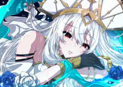 1girl ahoge arknights bare_shoulders black_gloves blue_flower blue_rose bracelet commentary crown crying crying_with_eyes_open dress elbow_rest flower gloves gold_bracelet gold_crown hair_between_eyes hair_flowing_over head_rest highres jewelry light_blush long_hair long_sidelocks looking_at_viewer lying official_alternate_costume on_side parted_lips partially_submerged red_eyes rose sidelocks skadi_(arknights) skadi_the_corrupting_heart_(arknights) skadi_the_corrupting_heart_(sublimation)_(arknights) solo tears tsume3mai upper_body white_dress white_flower white_hair white_rose