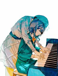 2girls bang_dream! bang_dream!_it&#039;s_mygo!!!!! blue_hair chinese_commentary commentary_request e-fa-dorn green_skirt grey_hair grey_skirt highres instrument long_hair long_sleeves multiple_girls music playing_instrument playing_piano pleated_skirt school_uniform shirt short_hair simple_background sitting skirt standing takamatsu_tomori togawa_sakiko white_background white_shirt yuri